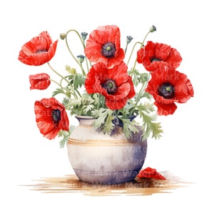 Clipart de papoulas de flores, 12 JPG, artesanato em papel digital, clipart de papoulas em vaso, clipart para fazer cartões, fazer convites, download digital