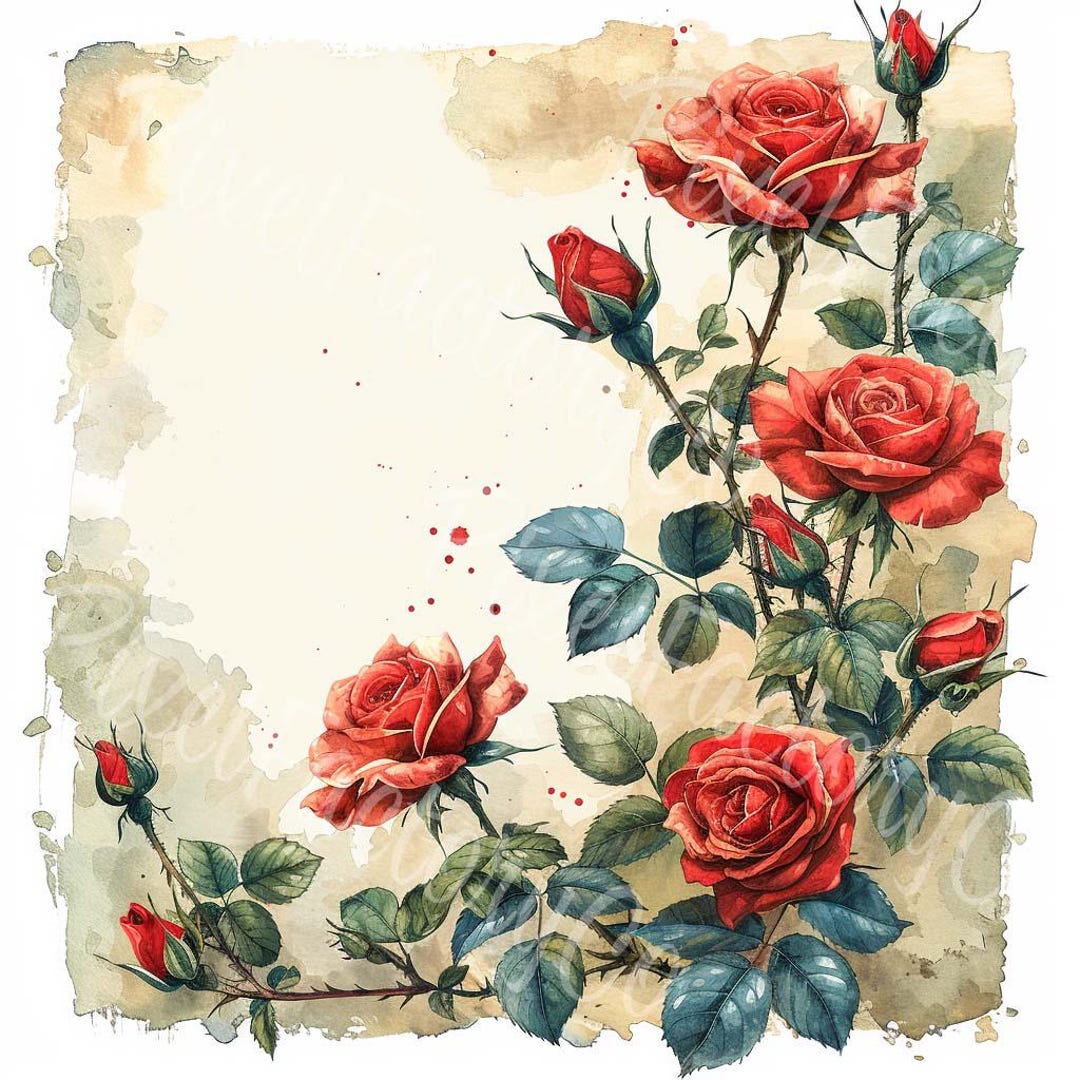 Red Roses Page Vintage Roses Border Clipart, Red Floral Frame (digital Download) - Etsy