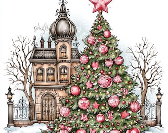 Christmas House Clipart Whimsical Winter Cottage Christmas Tree Illustrations Digital Download Crafts 14 JPG