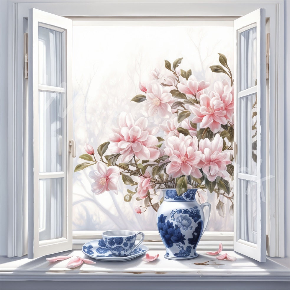 Watercolor Window Spring Background Watercolor Spring Windows Clipart: Floral Motifs (JPG Digital Download ...