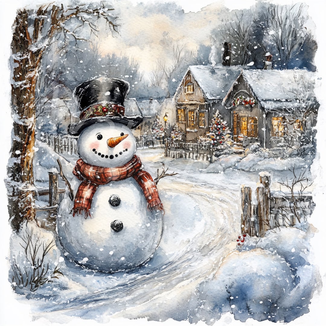 ヴィンテージ水彩雪だるまクリップアート：クリスマスの冬の風景