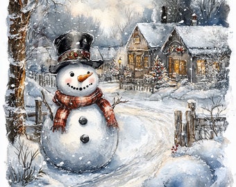Può includere: Un pupazzo di neve con un cappello a cilindro nero e una sciarpa a quadri rossi e neri si trova in un paesaggio invernale innevato. Il pupazzo di neve è di fronte a una piccola casa con alberi coperti di neve e un sentiero che si allontana dalla casa.