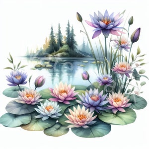 Clipart aquarelle de nénuphar, 12 jpg, téléchargement numérique, travaux manuels en papier numérique, fabrication de cartes, fabrication d'invitations, journal indésirable, livre de souvenirs