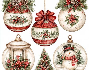 Vintage Christmas Ornaments Clipart Fussy Cut Junk Journal Rustic Holiday Collection