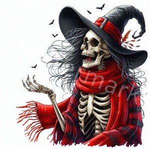 May include: A skeleton wearing a black witch's hat and a red scarf with a plaid pattern. The skeleton is holding out its hand, as if to greet someone. There are bats flying in the background.