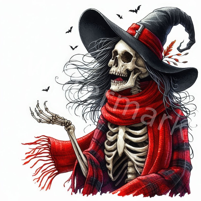 May include: A skeleton wearing a black witch's hat and a red scarf with a plaid pattern. The skeleton is holding out its hand, as if to greet someone. There are bats flying in the background.