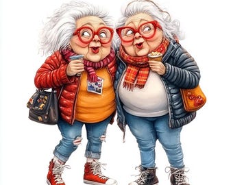 Funny Grandmas Clipart: Retro Senior Illustrations (12 PNG Digital Files)