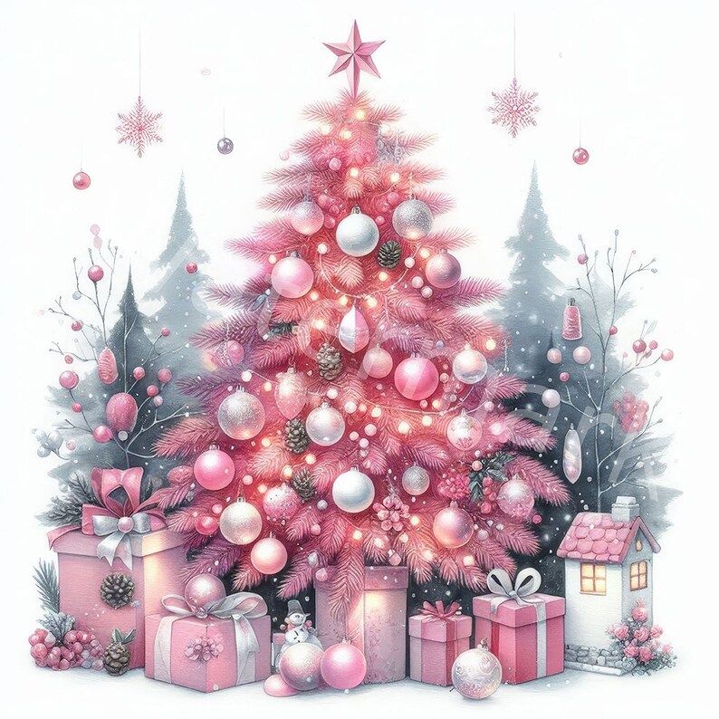 Pink Christmas Tree Clipart: Watercolor Baubles, Ornaments (digital ...