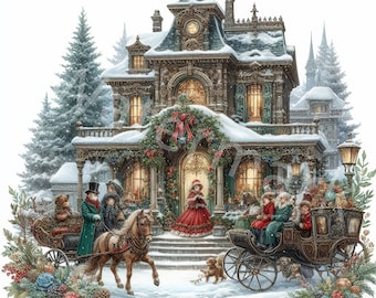Clipart de paisagem de Natal vintage: cenas de férias em aquarela (download digital)