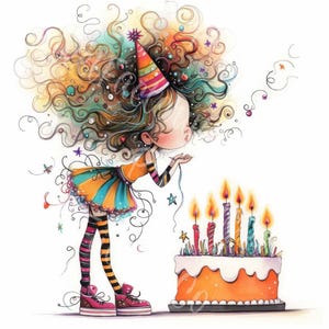 Birthday Girl Clipart JPG Cute Party Illustration Colorful Cake Balloon Presents Whimsical Digital Download Fairytale Art Print Junk Journal