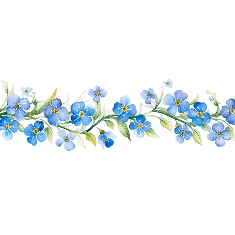 May include: A watercolor illustration of a border of blue forget-me-not flowers with green leaves.
