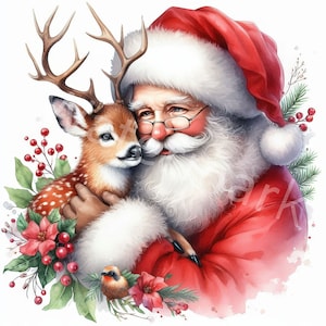 May include: Santa Claus with a white beard and red suit is holding a brown and white spotted fawn with antlers. The fawn is looking at the viewer. There are red berries and green leaves around them.