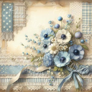 Blue Floral Calico Paper: Vintage Scrapbook Clipart (digital Download ...