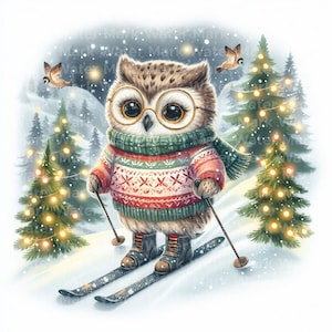 Hibou de Noël, 13 jpg, téléchargement numérique, aquarelle de Noël, journal indésirable, créations numériques en papier, fabrication de cartes, clipart mural, livre de souvenirs