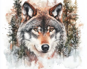水彩画「オオカミ」クリップアート：森の動物、スクラップブック用