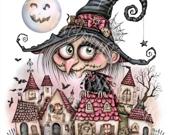 Halloween Witch Clipart With Haunted Houses And Pumpkins For Digital Download Crafts