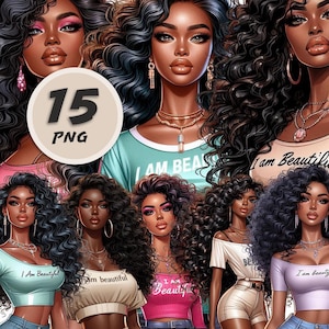 Zwarte vrouw clipart png ik ben mooi zelfverzekerd meisje digitale download mode illustratie afro haar kunst afdrukbare muur ontwerp plakboek