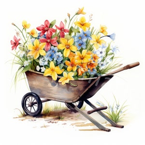 Clipart brouette, 12 jpg, téléchargement numérique, clipart fleurs printanières, brouette de jardin, créations numériques en papier, fabrication de cartes, journal indésirable