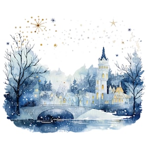Winter landscape watercolor clipart, 10 JPG, houses in winter clipart, winter image clipart, card making clipart, wall art, digital download