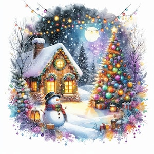 Clipart acquerello di pupazzo di neve di Natale: casa delle vacanze, albero (download digitale)