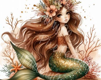 Boho Mermaid Clipart Set, Ocean Fantasy Art (JPG Digital Download)