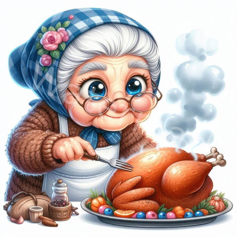 Thanksgiving Day Clipart, 12 JPG, Funny Old Ladies, Grandma Roasting