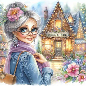 Buchladen Oma Clipart gemütliche ältere Frau Kunst Digital JPG Clip Art für Karten Wand Kunst Zeitschriften Storybook Projekte Dekor Scrapbook Aufkleber