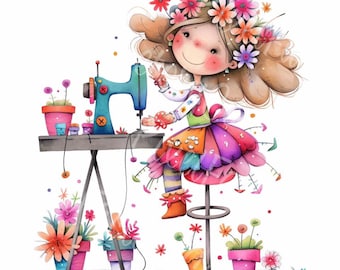 Boho Seamstress Girl Clipart Illustration for Scrapbooking, Junk Journal, Planner, Digital 12 JPG