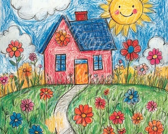 Kids Hand Drawn House Landscape Clipart Digital Download Printable Nursery Wall Art Decor 12JPG