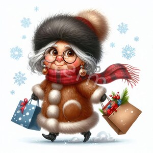 Clipart de vieille dame de Noël, 11 jpg, shopping grand-mère, personnes, shopping de Noël, téléchargement numérique, albums de coupures, carnet de bordel, travaux manuels en papier