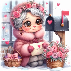 Clipart di vecchietta di San Valentino 12JPG Nonna innamorata Bouquet di San Valentino Download digitale Biglietti Artigianato di carta Album di ritagli Diario spazzatura