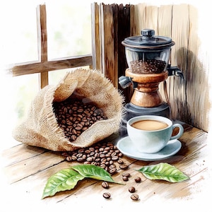 Clipart de café, molinillo de café vintage, taza de café, descarga digital, álbumes de recortes, diario basura, invitaciones, tarjetas, pegatinas, manualidades de papel, 12 JPG