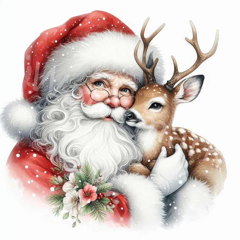 May include: Santa Claus with a white beard and red hat is holding a brown and white spotted fawn with antlers. The fawn is nestled against Santa's chest and has its head tilted towards him. The background is white with a snowy effect.