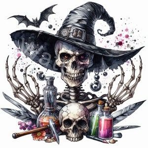 May include: A watercolour illustration of a skeleton wearing a black witch's hat with a pointed brim and a curled top. The skeleton has red eyes and is holding a variety of objects, including a skull, a bottle of potion, and a feather. The background is white with splatters of pink and black paint.