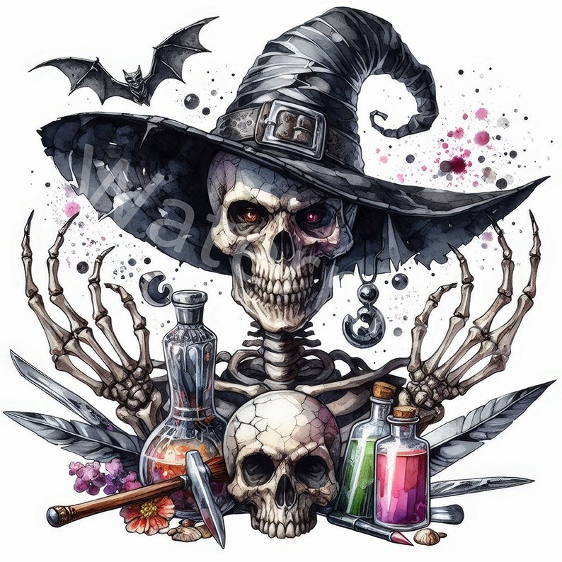 May include: A watercolour illustration of a skeleton wearing a black witch's hat with a pointed brim and a curled top. The skeleton has red eyes and is holding a variety of objects, including a skull, a bottle of potion, and a feather. The background is white with splatters of pink and black paint.