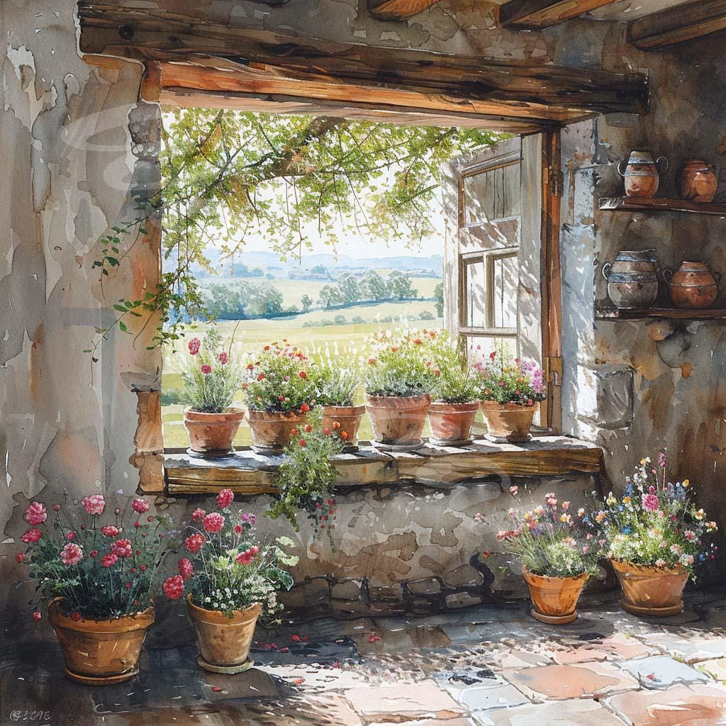 フランスの村の窓辺のクリップアート：夏の花、水彩画（デジタル