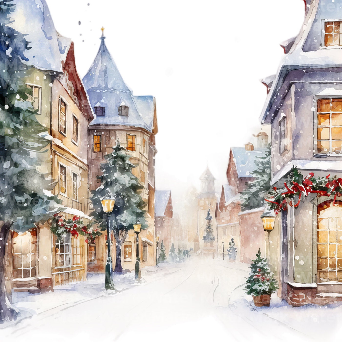 水彩画のクリスマスストリートクリップアート：冬の街並み（デジタル
