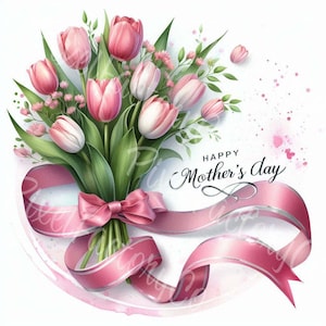 Watercolor Tulip Bouquet Mother's Day Clipart Digital Floral Illustration Pink Spring Flowers For Cards Junk Journal Scrapbooks Paper Crafts