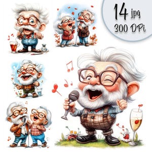 Drôle chantant grands-parents des cliparts téléchargement numérique mignon Couple de personnes âgées karaoké musique vieil homme avec guitare heureux senior Art JPG fichiers cartes