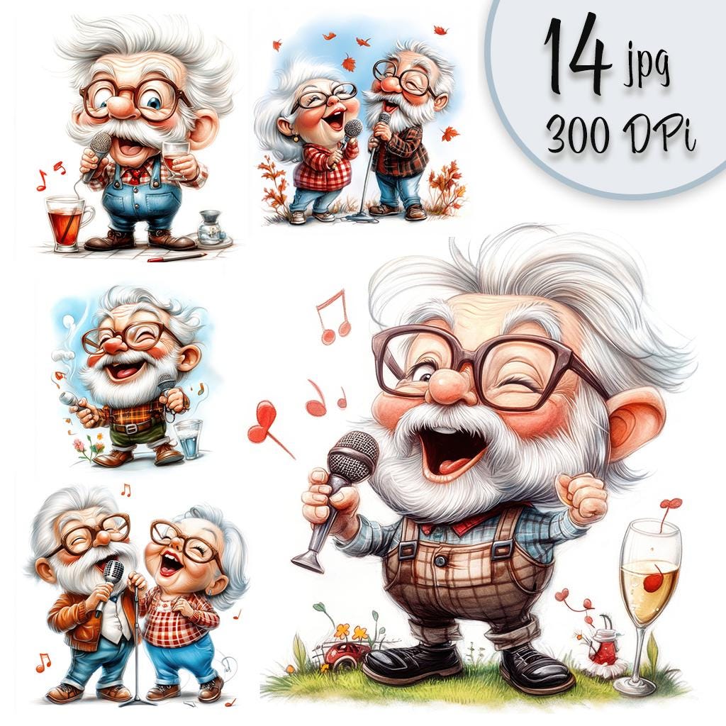 Funny Singing Grandparents Clipart: Karaoke Couple Art (digital