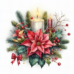Weihnachtskerzen Clipart, 12 JPG, Aquarell Clipart, Mistelzweig Fichte, digitales Papiermodell, Clipart zur Kartenherstellung, digitaler Download