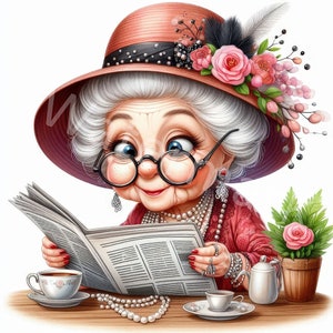 Élégante vieille dame clipart, 12JPG, clipart grand-mère moderne, personnes âgées, téléchargement numérique, journal indésirable, travaux manuels en papier numérique, fichiers pour tasses