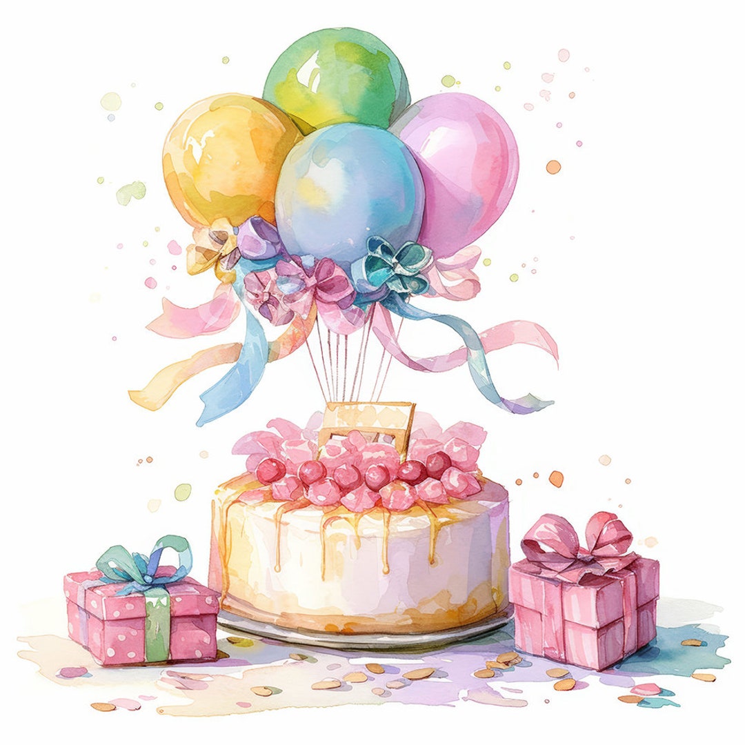 Watercolor Birthday Cake Clipart: Balloons & Candles (digital Download ...