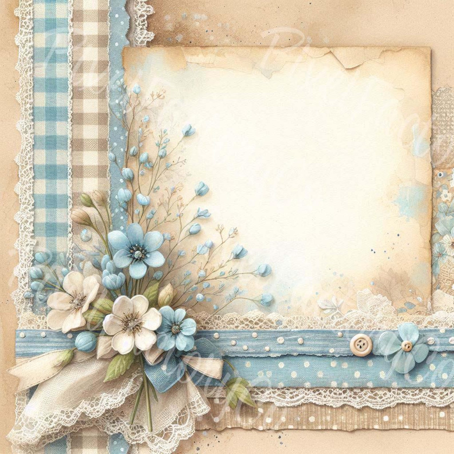 Blue Floral Calico Paper: Vintage Scrapbook Clipart (digital Download ...