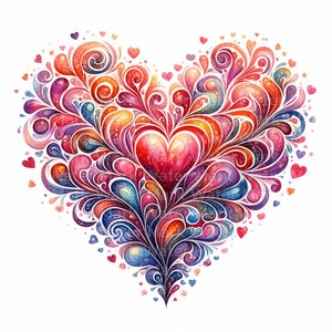 Pode incluir: Uma pintura em aquarela de uma forma de cora&ccedil;&atilde;o feita de redemoinhos coloridos e desenhos florais. O cora&ccedil;&atilde;o est&aacute; cheio de uma forma de cora&ccedil;&atilde;o vermelho no centro.