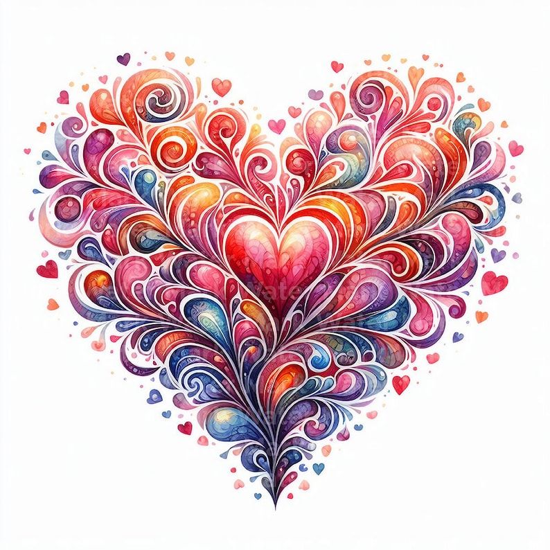 Pode incluir: Uma pintura em aquarela de uma forma de cora&ccedil;&atilde;o feita de redemoinhos coloridos e desenhos florais. O cora&ccedil;&atilde;o est&aacute; cheio de uma forma de cora&ccedil;&atilde;o vermelho no centro.