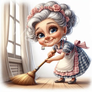 Funny old lady at home clipart, 12 JPG, digital download, woman graphic, cleaning grandma , junk journal, wall art, paper crafts, scrapbooks