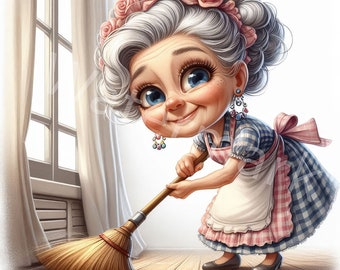 Funny Grandma Clipart: Watercolor Senior Woman Sweeping (Digital Download)