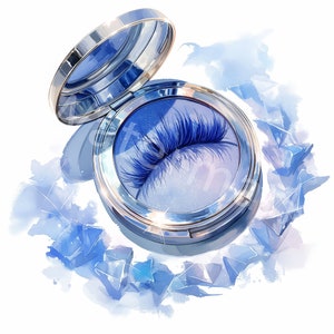 May include: A silver compact with a blue lid, open to reveal a set of false eyelashes. The compact is surrounded by blue watercolor-like shapes.