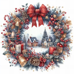Weihnachtskranz Clipart, 12 JPG, Aquarell Clipart, Junk Journal, digitales Papierhandwerk, Clipart Kartenherstellung, Zapfenkranz, digitaler Download